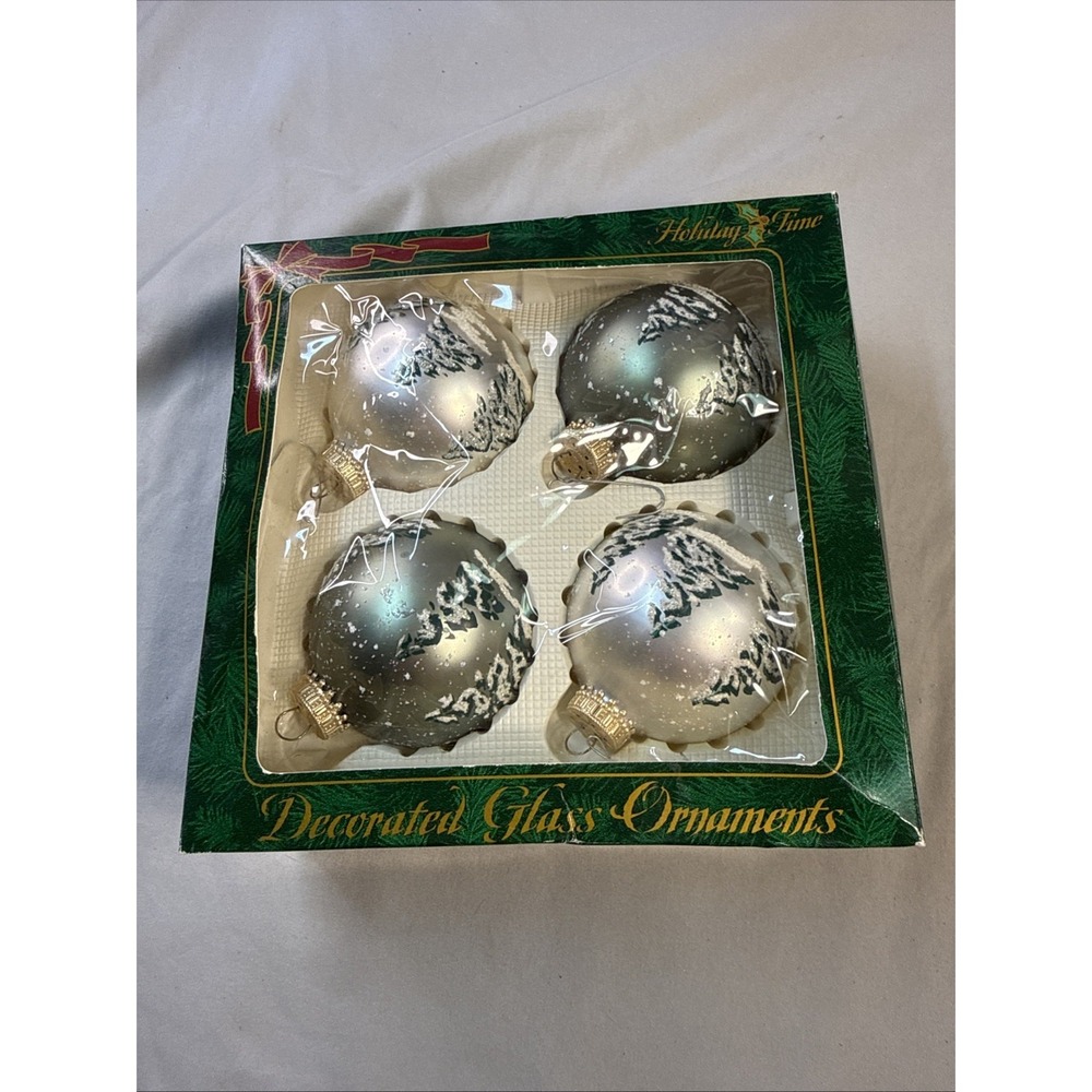 Vintage Holiday Time 4 Glass Christmas Ornaments Silver Frosted With Snow/Trees